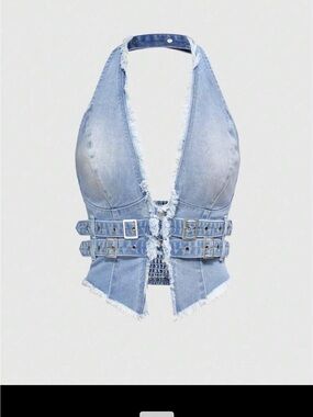 ROMWE Light Blue Frayed Denim Halter Button Up Top NWT Size Small
